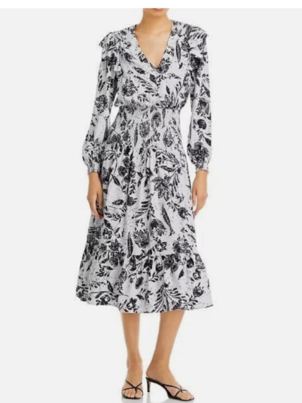 NWT Aqua linen blend smocked floral midi dress in blue multi XS